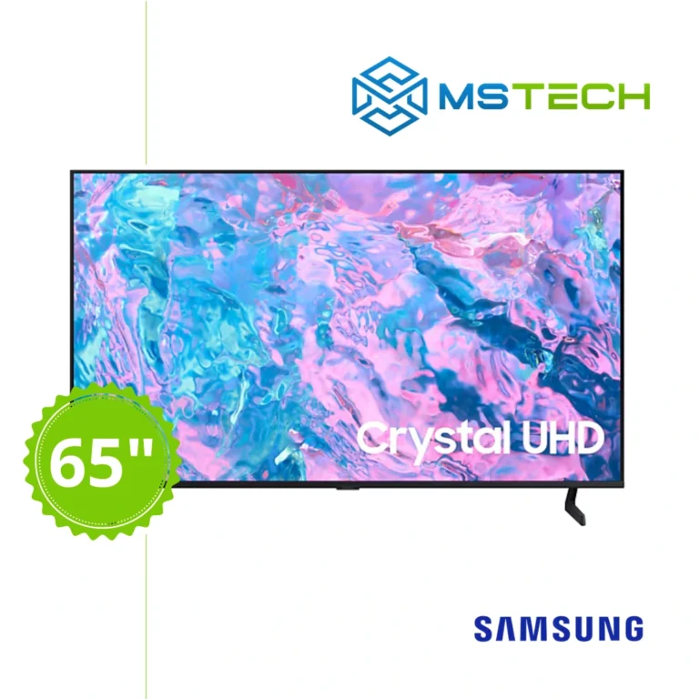 Prikaz prednje strane Samsung LED TV 55" UE55CU7092UXXH televizora sa grafikom. Na slici je pored toga prikazan broj inči (65), logo naše firme "MS Tech" i logo proizvođača "SAMSUNG".