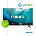 Prikaz prednje strane Philips TV PUS7009 43'' 4K UHD Smart TV televizora sa grafikom. Na slici je pored toga prikazan broj inči (43), logo naše firme "MS Tech" i logo proizvođača "PHILIPS".