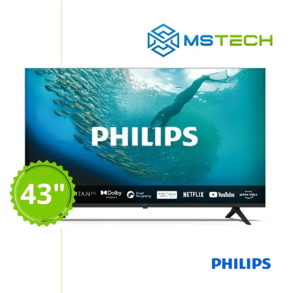 Prikaz prednje strane Philips TV PUS7009 43'' 4K UHD Smart TV televizora sa grafikom. Na slici je pored toga prikazan broj inči (43), logo naše firme "MS Tech" i logo proizvođača "PHILIPS".