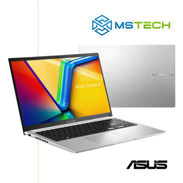 Prikaz prednje i zadnje strane ASUS Vivobook 15 X1502VA-BQ298 laptopa. Na slici su pored toga prikazani logo naše firme "MS Tech" i logo proizvođača "ASUS".