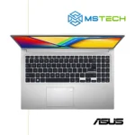 Prikaz prednje strane (slikano iz gornjeg ugla) ASUS Vivobook 15 X1502VA-BQ298 laptopa. Na slici su pored toga prikazani logo naše firme "MS Tech" i logo proizvođača "ASUS".