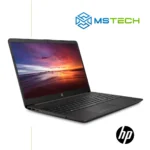 Prikaz lijeve strane Laptop HP 255 G8 7J034AAW/12GB. Laptop je otvoren i na njemu je prikazana grafika. Pored toga, na slici se nalazi logo naše firme "MS Tech" i logo proizvođača laptopa "HP".