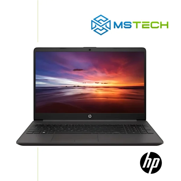 Prikaz prednje strane Laptop HP 255 G8 7J034AAW/12GB. Laptop je otvoren i na njemu je prikazana grafika. Pored toga, na slici se nalazi logo naše firme "MS Tech" i logo proizvođača laptopa "HP".