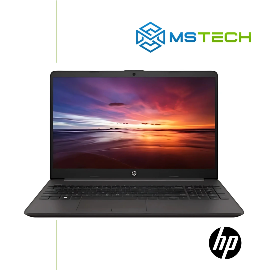 laptop-hp-255-g8-7j034aaw-12gb-prednja-strana Prikaz prednje strane Laptop HP 255 G8 7J034AAW/12GB. Laptop je otvoren i na njemu je prikazana grafika. Pored toga, na slici se nalazi logo naše firme "MS Tech" i logo proizvođača laptopa "HP".