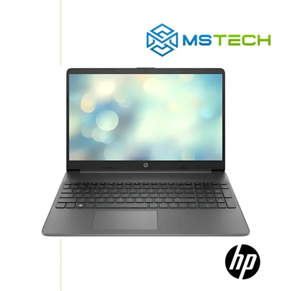 Na slici je prikazan otvoren Laptop HP 8C9Y1EA 15s-fq5068nm sa grafikom na ekranu. Prikazana je prednja strana laptopa. Pored laptopa, na slici se nalazi logo naše firme "MS Tech" i logo proizvođača "HP".