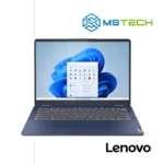 Prikaz prednje strane Lenovo Flex 5 14ABR8 82XX003XCF laptopa. Laptop je otvoren i na ekranu je prikazan startni meni "Windows 11" operativnog sistema. Laptop je plave boje. Pored toga na slici se nalazi logo naše firme "MS Tech" i logo proizvođača "LENOVO".