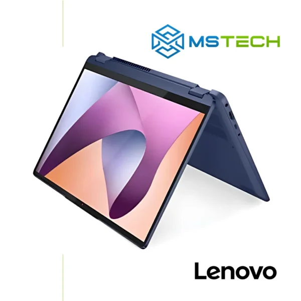 Prikaz Lenovo Flex 5 14ABR8 82XX003XCF laptopa u "izvrnutom" stanju. Laptop posjeduje touchscreen ekran i može se otvoriti do 360 stepeni i koristiti kao tablet. Ova slika to demonstrira. Pored toga, na slici se nalazi logo naše firme "MS Tech" i logo proizvođača "LENOVO".