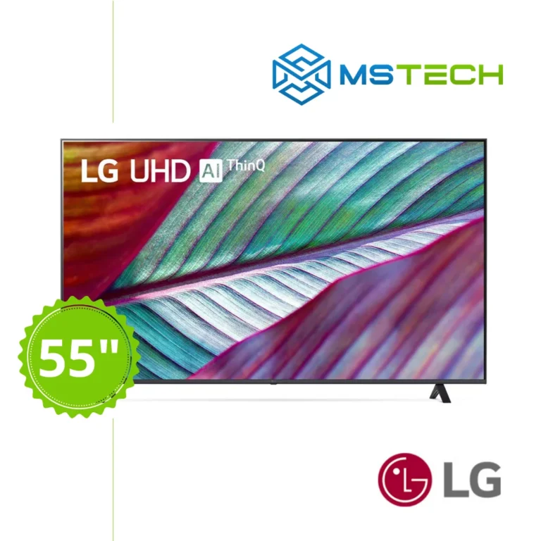 Prikaz prednje strane LG TV LED 55UR78003LK televizora sa grafikom. Na slici je pored toga prikazan broj inči (55), logo naše firme "MS Tech" i logo proizvođača "LG".