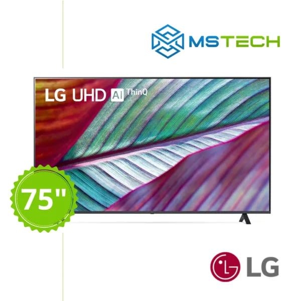 Prikaz prednje strane LG TV LED 75UR78003LK televizora sa grafikom. Na slici je pored toga prikazan broj inči (75), logo naše firme "MS Tech" i logo proizvođača "LG".