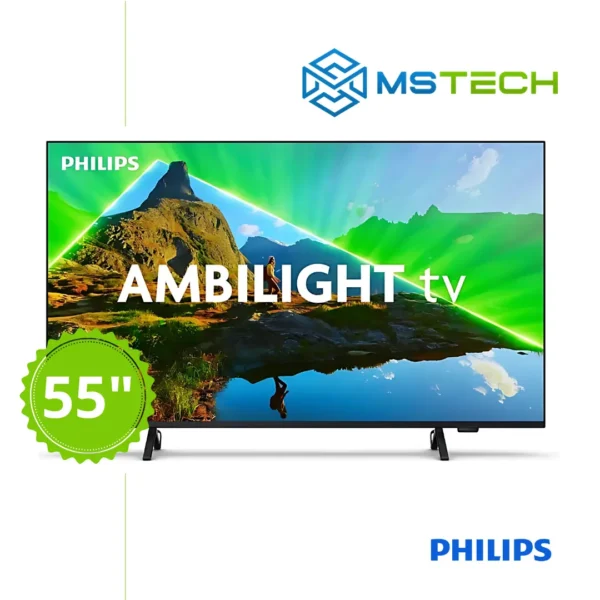 Prikaz prednje strane Philips TV Ambilight 55"PUS8319 4K UHD Smart televizora sa grafikom. Na slici je pored toga prikazan broj inči (55), logo naše firme "MS Tech" i logo proizvođača "PHILIPS".