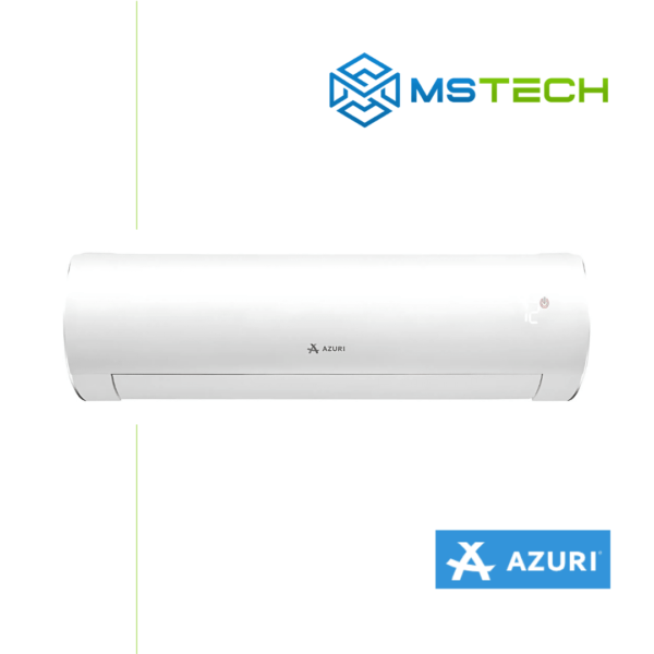 Prikaz prednje strane unutrašnje jedinice AZURI AZI WO35VG SUPRA inverter klima uređaja bijele boje. Pored toga na slici se nalazi logo naše firme "MS Tech" i logo proizvođača "Azuri".