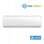 Prikaz prednje strane unutrašnje jedinice AZURI NATURA LUX AZI-WM35VA inverter klima uređaja bijele boje. Na slici se pored toga nalazi logo naše firme "MS Tech" i logo proizvođača "AZURI".