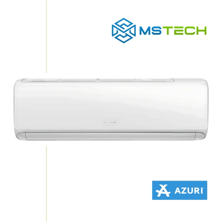 Prikaz prednje strane unutrašnje jedinice AZURI NATURA LUX AZI-WM35VA inverter klima uređaja bijele boje. Na slici se pored toga nalazi logo naše firme "MS Tech" i logo proizvođača "AZURI".