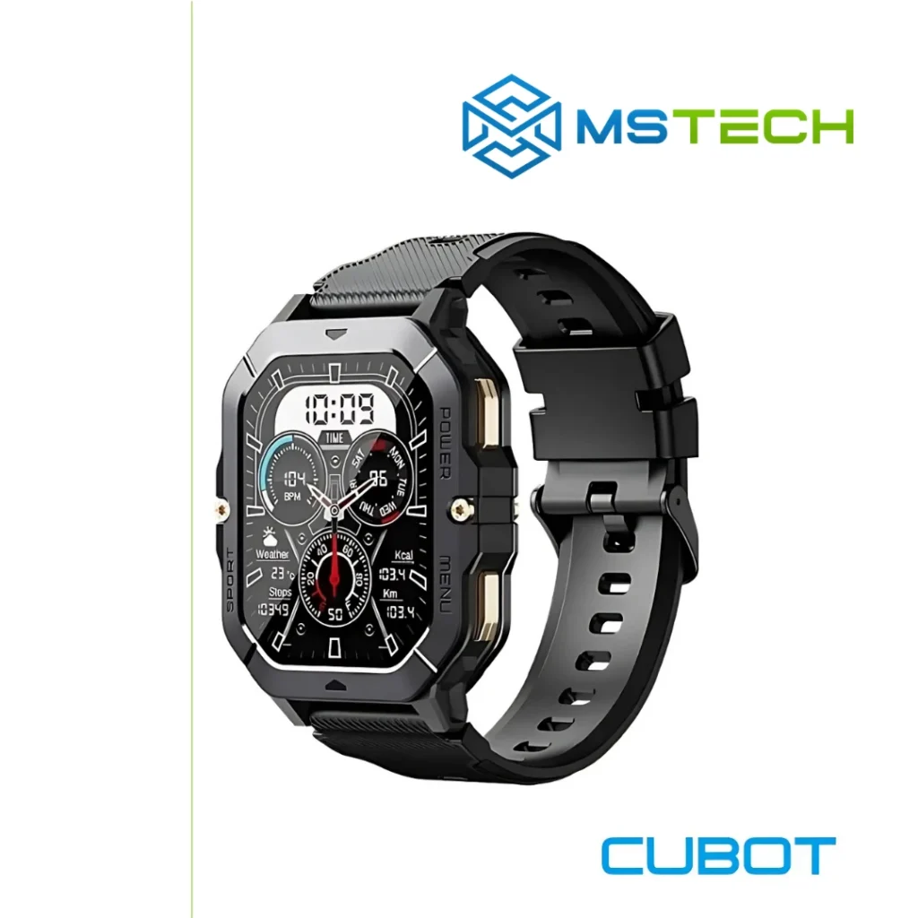 Prikaz desne strane CUBOT C28 BLACK pametnog sata. Pored toga na slici je prikazan logo naše firme "MSTech" i logo proizvođača "CUBOT".