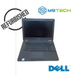 Prikaz prednje strane REFURBISHED LAPTOP DELL crne boje. Na slici se pored laptopa nalazi logo naše firme "MS Tech", logo proizvođača "DELL" i "REFURBISHED" znak.