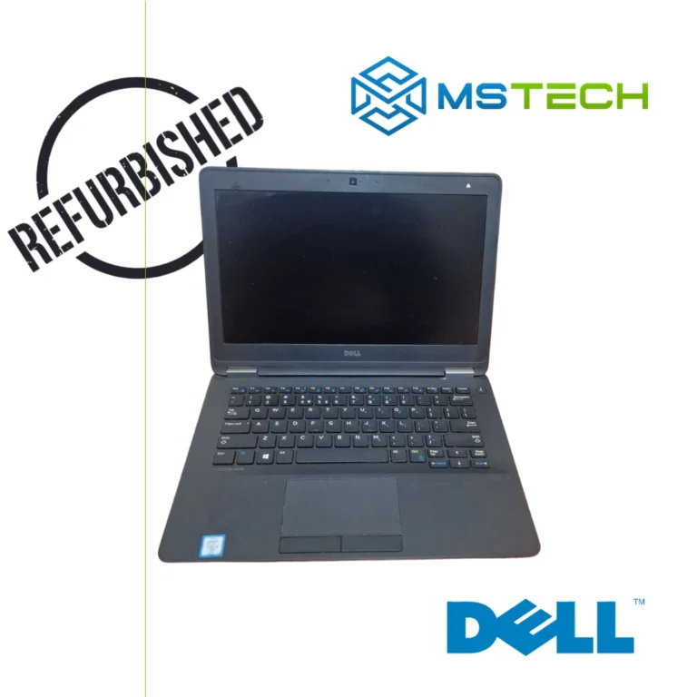 Prikaz prednje strane REFURBISHED LAPTOP DELL crne boje. Na slici se pored laptopa nalazi logo naše firme "MS Tech", logo proizvođača "DELL" i "REFURBISHED" znak.
