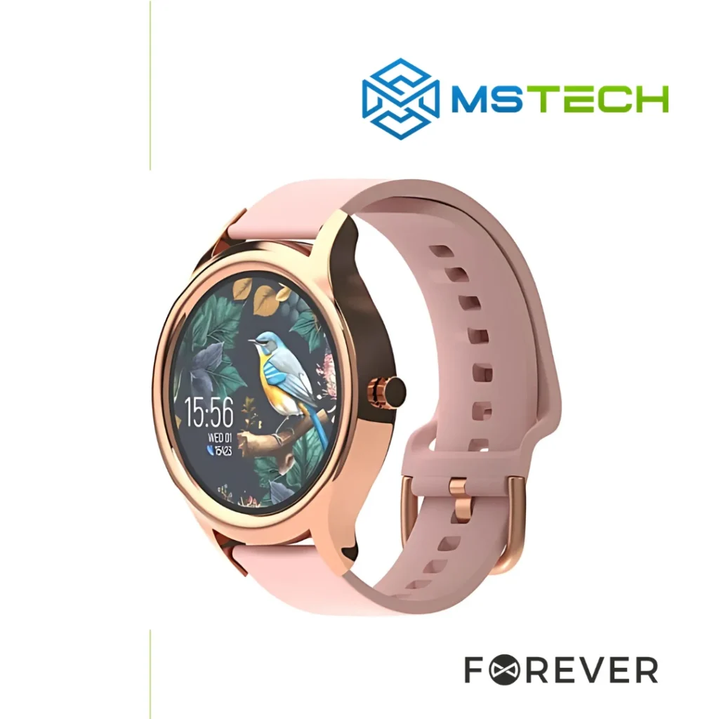Prikaz desne strane Forever ForeVive 3 SB-340 GOLD SMART WATCH pametnog sata. Pored toga na slici je prikazan logo naše firme "MSTech" i logo proizvođača "FOREVER".