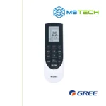 Prikaz daljinskog upravljača GREE Cosmo Economical 12 inverter klima uređaja. Na slici je pored toga prikazan logo naše firme "MS Tech" i logo proizvođača "GREE".