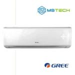 Prikaz prednje strane unutrašnje jedinice GREE Cosmo Economical 12 inverter klima uređaja bijele boje. Na slici je pored toga prikazan logo naše firme "MS Tech" i logo proizvođača "GREE".