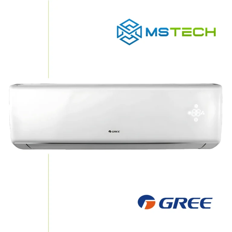 Prikaz prednje strane unutrašnje jedinice GREE Cosmo Economical 12 inverter klima uređaja bijele boje. Na slici je pored toga prikazan logo naše firme "MS Tech" i logo proizvođača "GREE".