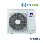 Prikaz prednje strane vanjske jedinice GREE Cosmo Economical 12 inverter klima uređaja bijele boje. Na slici je pored toga prikazan logo naše firme "MS Tech" i logo proizvođača "GREE".