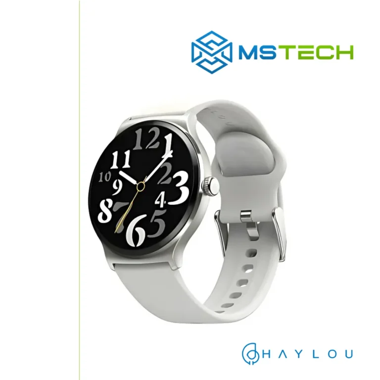Prikaz desne strane Haylou Smart Watch Solar Lite Silver pametnog sata. Pored toga na slici je prikazan logo naše firme "MSTech" i logo proizvođača "HAYLOU".