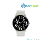 Prikaz prednje strane Haylou Smart Watch Solar Lite Silver pametnog sata. Pored toga na slici je prikazan logo naše firme "MSTech" i logo proizvođača "HAYLOU".
