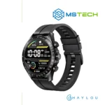 Prikaz desne strane Haylou Smart Watch Solar Pro Black pametnog sata. Pored toga na slici je prikazan logo naše firme "MSTech" i logo proizvođača "HAYLOU".