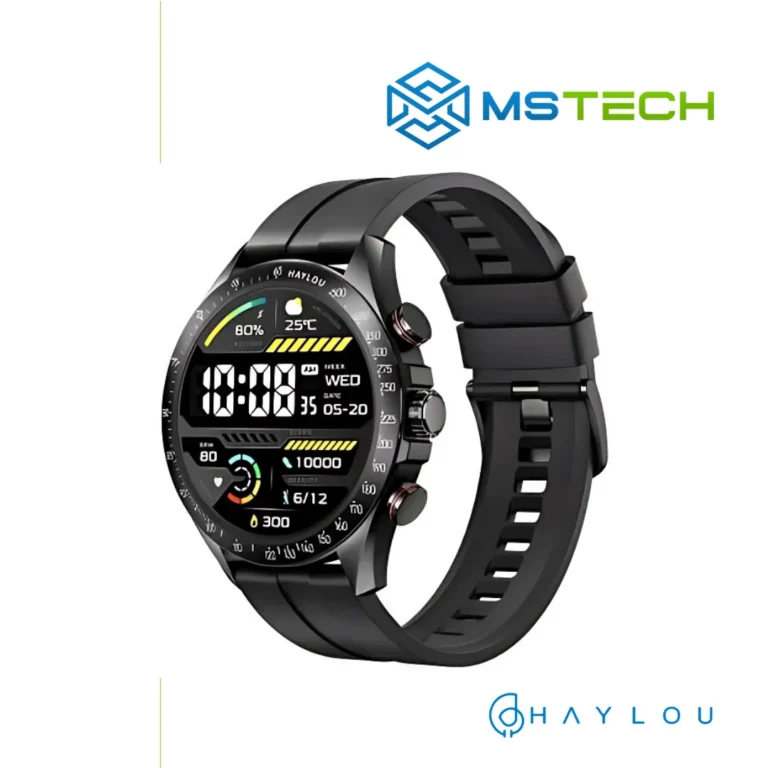 Prikaz desne strane Haylou Smart Watch Solar Pro Black pametnog sata. Pored toga na slici je prikazan logo naše firme "MSTech" i logo proizvođača "HAYLOU".