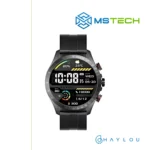 Prikaz prednje strane Haylou Smart Watch Solar Pro Black pametnog sata. Pored toga na slici je prikazan logo naše firme "MSTech" i logo proizvođača "HAYLOU".