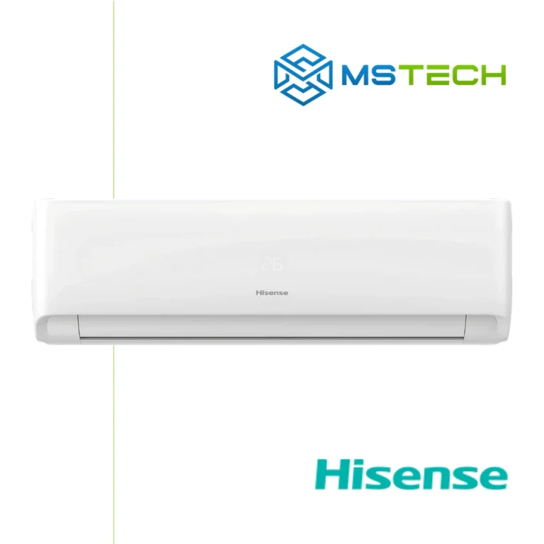 Prikaz prednje strane unutrašnje jedinice Hisense Energy Expert KF50BS0EG inverter klima uređaja bijele boje. Na slici se nalazi logo naše firme "MS Tech" i logo proitvođača "Hisense".