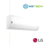 Prikaz lijeve strane unutrašnje jedinice LG S12ET dual inverter klima uređaja bijele boje. Na slici se pored toga nalazi logo naše firme "MS Tech" i logo proizvođača "LG".