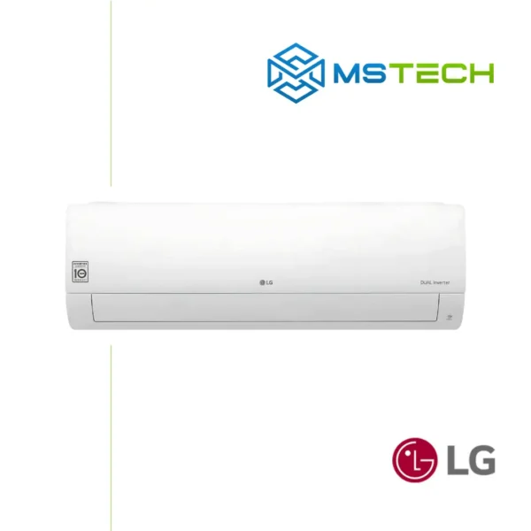 Prikaz prednje strane unutrašnje jedinice LG S12ET dual inverter klima uređaja bijele boje. Na slici se pored toga nalazi logo naše firme "MS Tech" i logo proizvođača "LG".