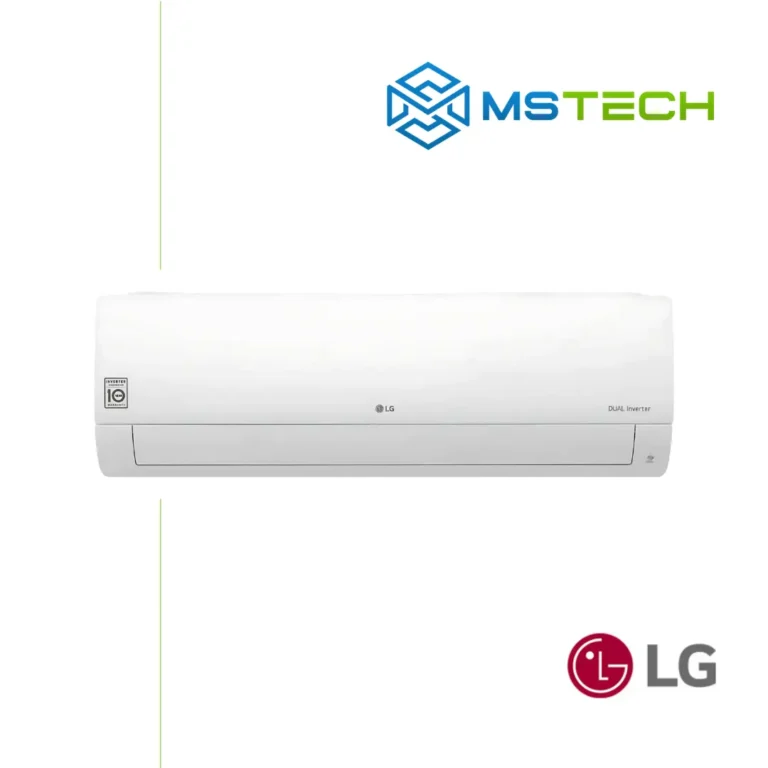 Prikaz prednje strane unutrašnje jedinice LG S24ET inverter klima uređaja bijele boje. Na slici se pored toga nalazi logo naše firme "MS Tech" i logo proizvođača klime "LG".