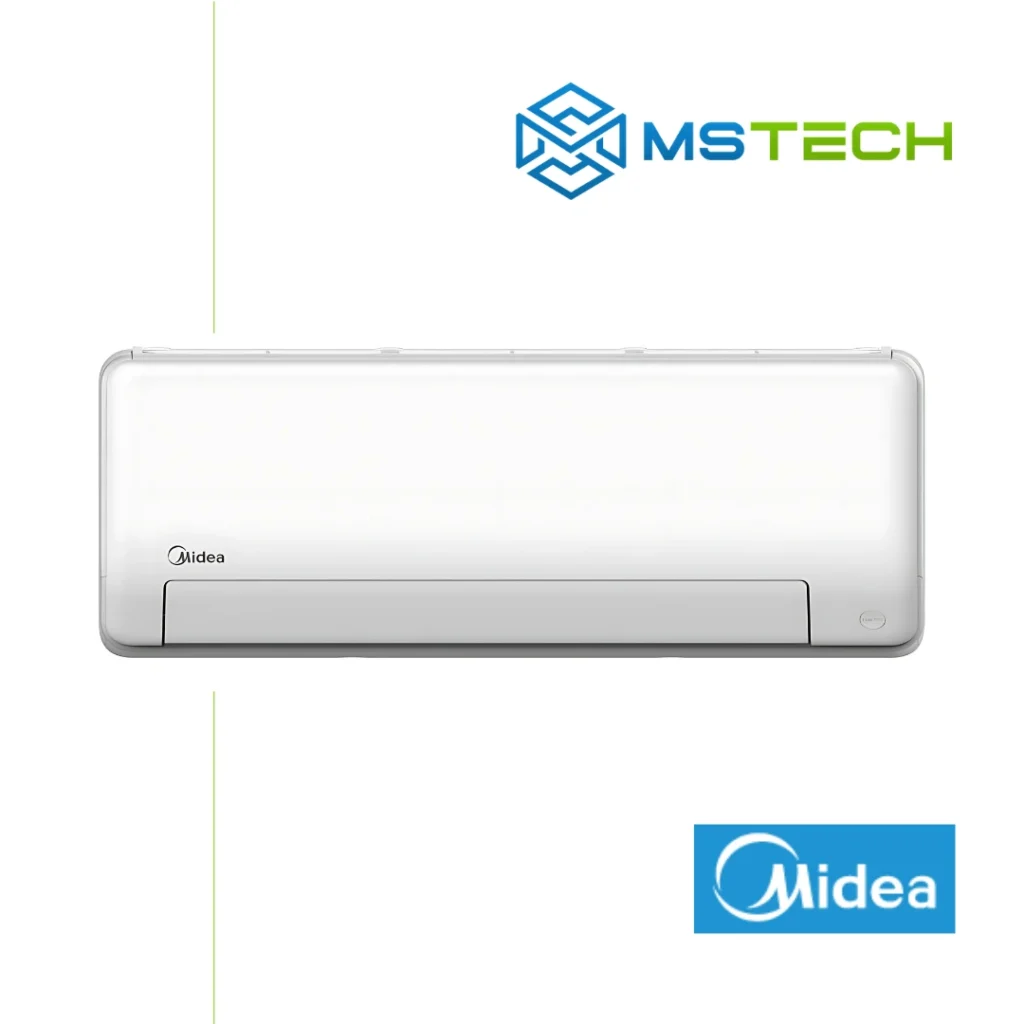 Prikaz prednje strane unutrašnje jedinice Midea All Easy Pro Nordic 12 inverter klima uređaja bijele boje. Na slici se nalazi logo naše firme "MS Tech" i logo proizvođača klime "Midea".