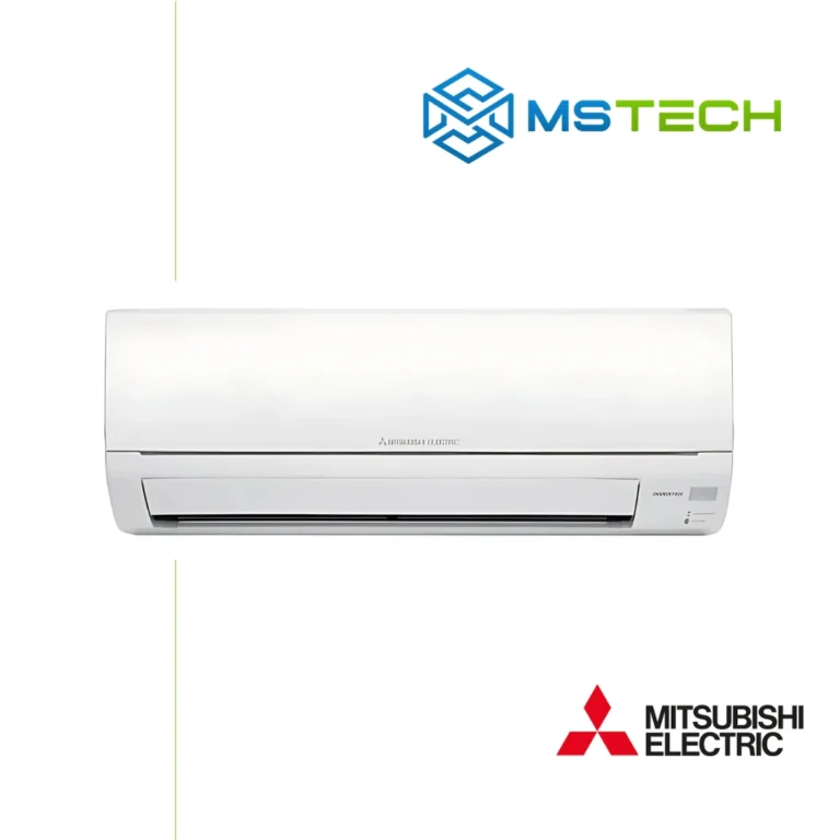Prikaz prednje strane unutrašnje jedinice Mitsubishi MSZ/MUZ-HJ35VA inverter klima uređaja bijele boje. Na slici se pored toga nalazi logo naše firme "MS Tech" i logo Mitsubishi Electric.