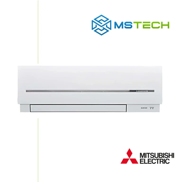 Prikaz prednje strane unutrašnje jedinice Mitsubishi MSZ-SF35VE3/MUZ-SF35VEH HYPER HEATING inverter klima uređaja bijele boje. Na slici se pored toga nalazi logo naše firme "MS Tech" i logo proizvođača "Mitsubishi Electronic".