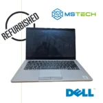 Prikaz REFURBISHED LAPTOP DELL TOUCHSCREEN crne boje. Laptop je otvoren i ugašen. Na slici se pored toga nalazi logo naše firme "MS Tech" i logo proizvođača "DELL". Također, nalazi se i oznaka "REFURBISHED".