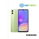 Prikaz Samsung Galaxy A05 4GB 128GB Light Green mobilnog telefona. Na slici je prikazana prednja i zadnja strana mobitela. Pored toga na slici se nalazi logo naše firme "MS Tech" i logo proizvođača "SAMSUNG".