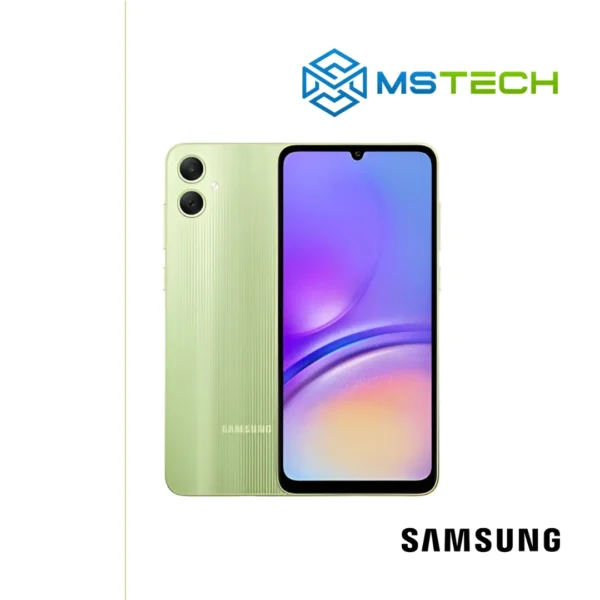 Prikaz Samsung Galaxy A05 4GB 128GB Light Green mobilnog telefona. Na slici je prikazana prednja i zadnja strana mobitela. Pored toga na slici se nalazi logo naše firme "MS Tech" i logo proizvođača "SAMSUNG".