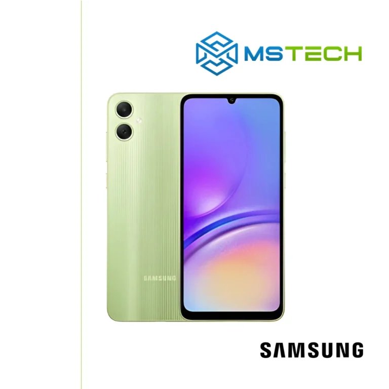 Prikaz Samsung Galaxy A05 4GB 64GB Light Green mobilnog telefona. Na slici je prikazana prednja i zadnja strana mobitela. Pored toga na slici se nalazi logo naše firme "MS Tech" i logo proizvođača "SAMSUNG".