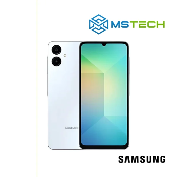 Prikaz Samsung Galaxy A06 6GB 128GB Light Blue mobilnog telefona. Na slici je prikazana prednja i zadnja strana mobitela. Pored toga na slici se nalazi logo naše firme "MS Tech" i logo proizvođača "SAMSUNG".