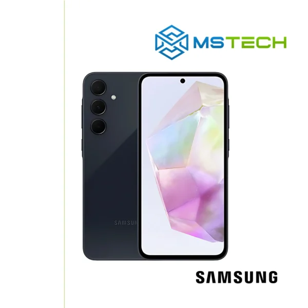 Prikaz Samsung Galaxy A35 5G 6GB 128GB mobilnog telefona. Na slici je prikazana prednja i zadnja strana mobitela. Pored toga na slici se nalazi logo naše firme "MS Tech" i logo proizvođača "SAMSUNG".