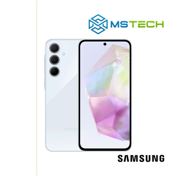 Prikaz Samsung Galaxy A55 5G 8GB 128GB mobilnog telefona. Na slici je prikazana prednja i zadnja strana mobitela. Pored toga na slici se nalazi logo naše firme "MS Tech" i logo proizvođača "SAMSUNG".
