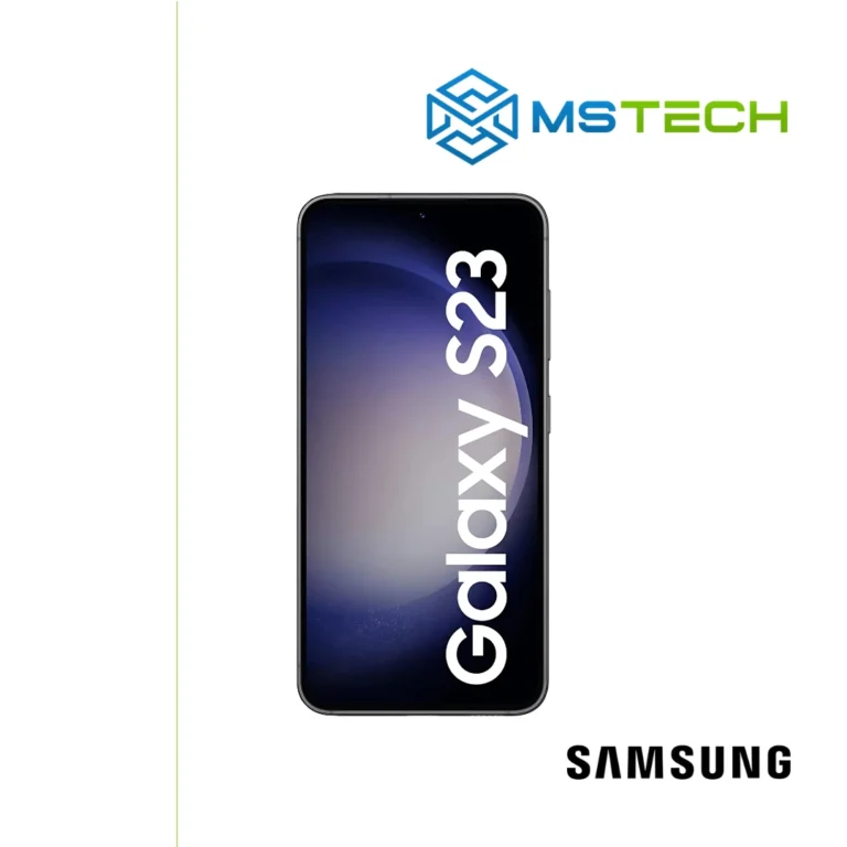 Prikaz Samsung Galaxy S23 5G 8GB 128GB mobilnog telefona. Na slici je prikazana prednja strana mobitela. Pored toga na slici se nalazi logo naše firme "MS Tech" i logo proizvođača "SAMSUNG".