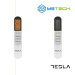 Pregled daljinskih upravljača Tesla TT34EXC1-1232IAW inverter klima uređaja. Jedan daljinski upravljač je ugašen dok je drugi upaljen. Na slici se jos nalaze logo naše firme "MS Tech" i logo proizvođača "Tesla".