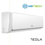 Pregled lijeve strane unutrašnje jedinice Tesla TT34EXC1-1232IAW inverter klima uređaja bijele boje. Na slici se jos nalaze logo naše firme "MS Tech" i logo proizvođača "Tesla".