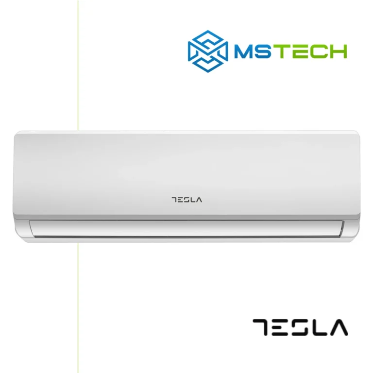 Pregled unutrašnje jedinice Tesla TT34EXC1-1232IAW inverter klima uređaja bijele boje. Na slici se jos nalaze logo naše firme "MS Tech" i logo proizvođača "Tesla".