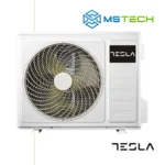 Pregled vanjske jedinice Tesla TT34EXC1-1232IAW inverter klima uređaja bijele boje. Na slici se jos nalaze logo naše firme "MS Tech" i logo proizvođača "Tesla".