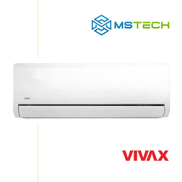 Prikaz prednje strane unutrašnje jedinice VIVAX COOL ACP 12CH35AEHI+ R32 inverter klima uređaja bijele boje. Na slici se nalazi logo naše firme "MS Tech" i logo proizvođača "VIVAX".